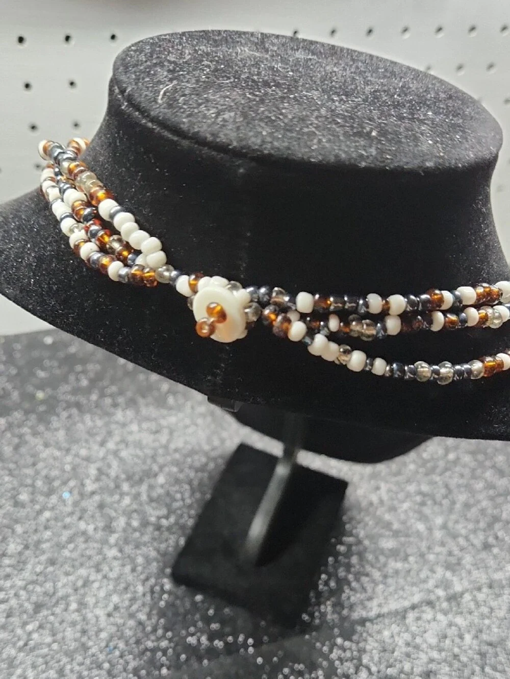 Multi-Strand Beaded Necklace in Black, White & Brown